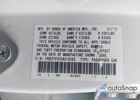 2012 Honda Accord 3.5 Ex-L z USA, uszkodzony, nr VIN 1HGCP3F82CA016093